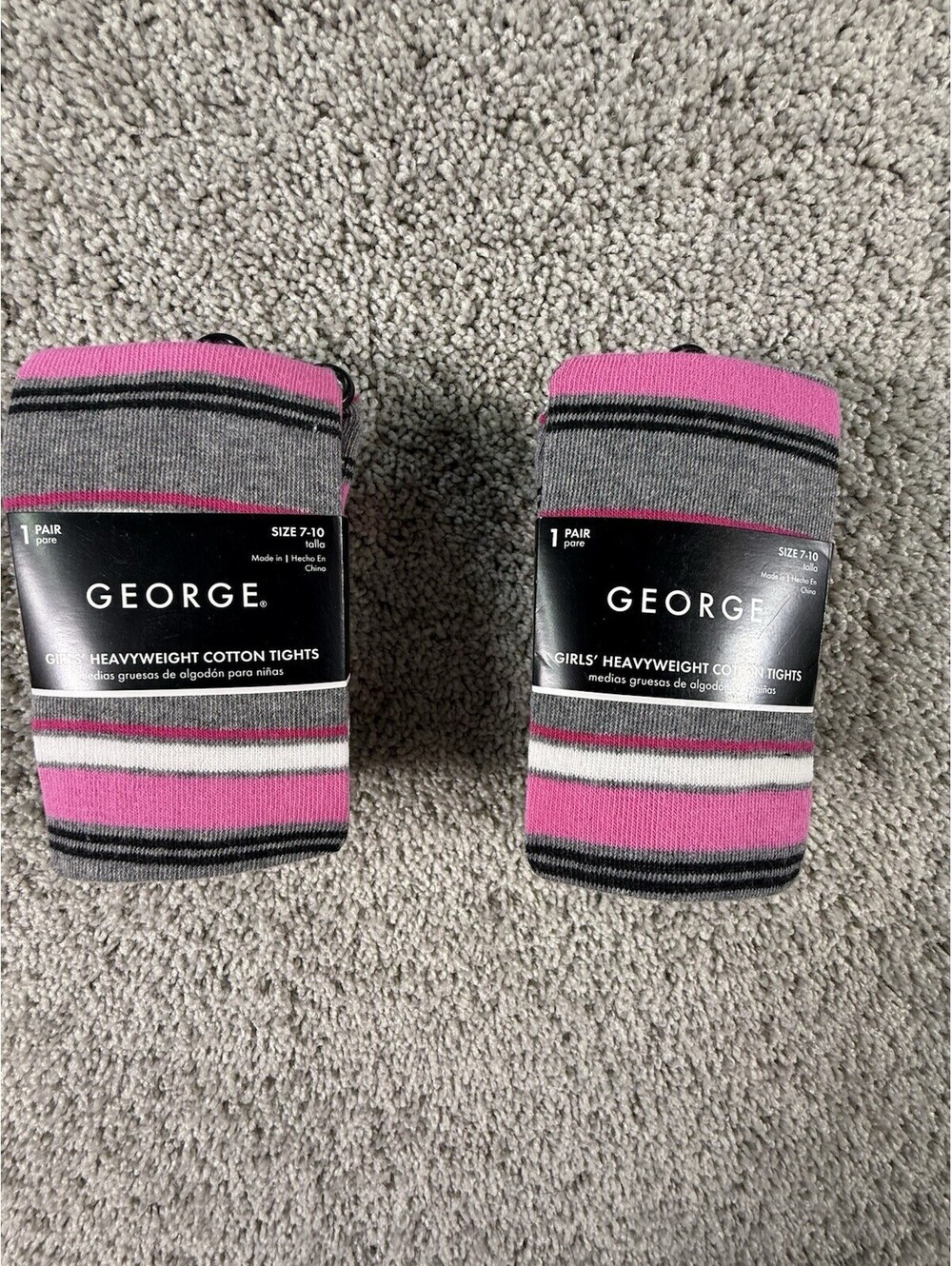 2 Pairs George Pink Grey White Striped Heavyweight Tights Girl’s Size 7-10 - Picture 1 of 4